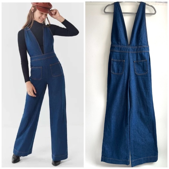 BDG Pants - Urban Outfitters BDG Eleanor Plunging Dark Wash Blue Denim Jean Jumpsuit Size 2